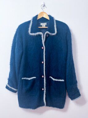 LADY MONICA Navy Angora Wool Fuzzy Long Button Front Cardigan X-Large